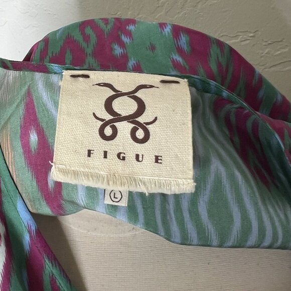 Figue Dress L Womens Multicolor Ikat Silk V Neck Short Sleeve Kaftan Tie Beach - Picture 5 of 12